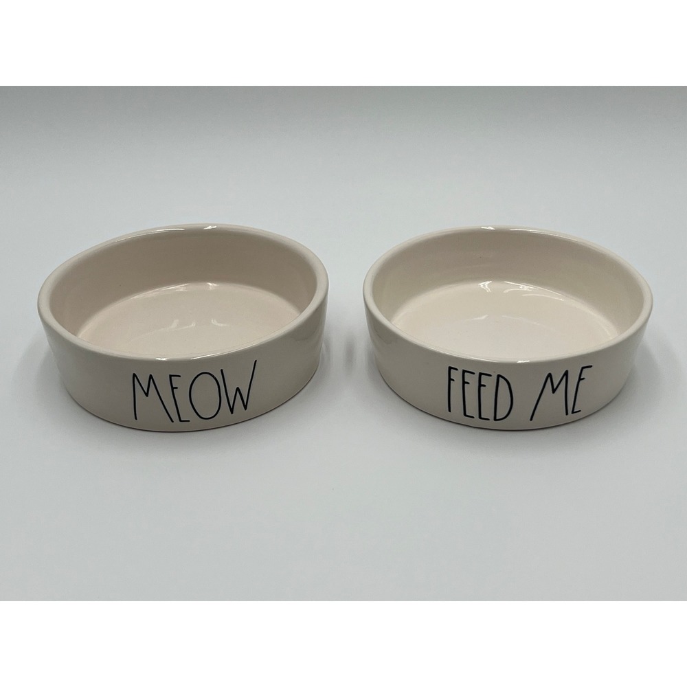 Rae Dunn Meow Feed Me Ceramic Cat Bowls Set of 2 Cream Magenta Artisan